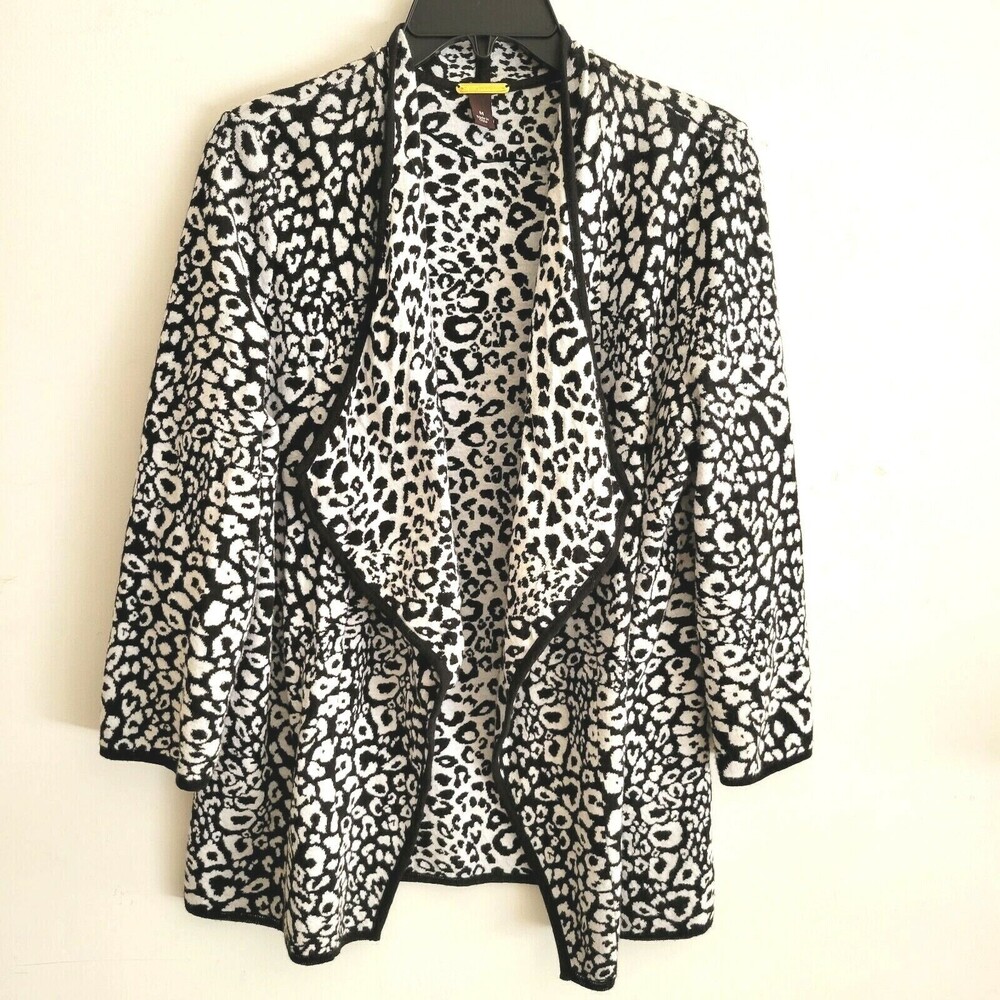 Dana Buchman Open Front Cardigan White Cheetah Print 3/4 Sleeve Size Medium
